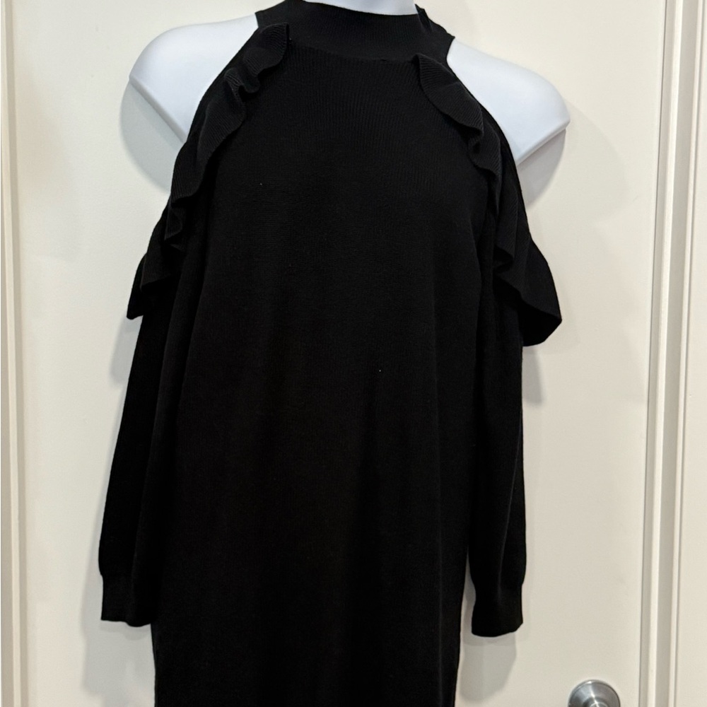 Elegant Black Ruffle Cold Shoulder Dress